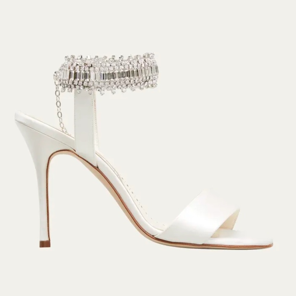 Manolo Blahnik Parinasan White Heel with Crystal Embellished Ankle Strap Sz 40